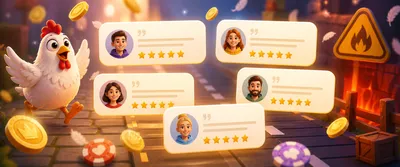 Modern iGaming reviews section with chicken-road themed accents, floating review cards, avatars, stars, and coins.